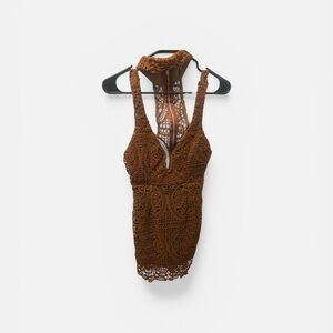 Brown Crochet Mini Dress with High Neck